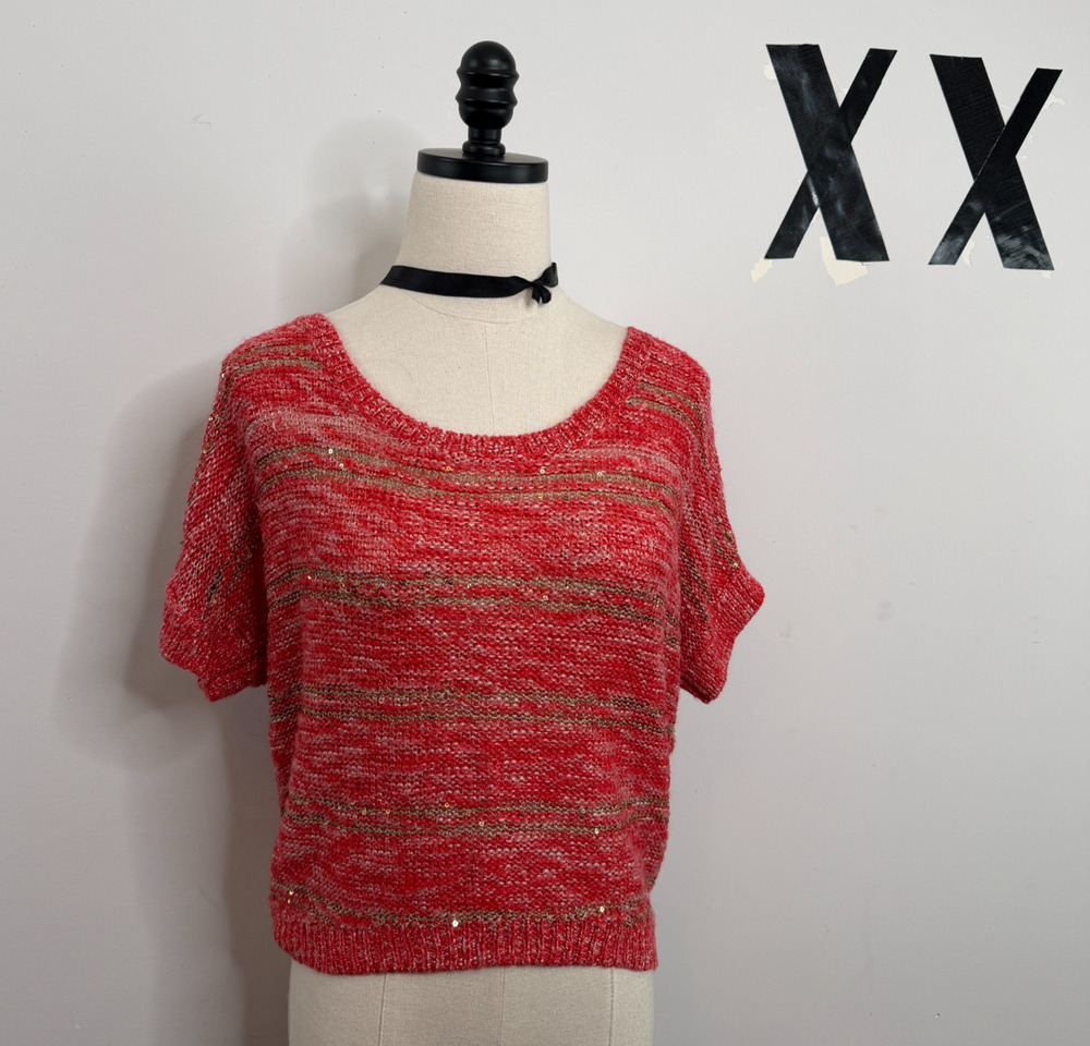 Y2K Candies Coral Gold Lurex Sequin Cutout Back Dolman Sleeve Sparkle Top M L